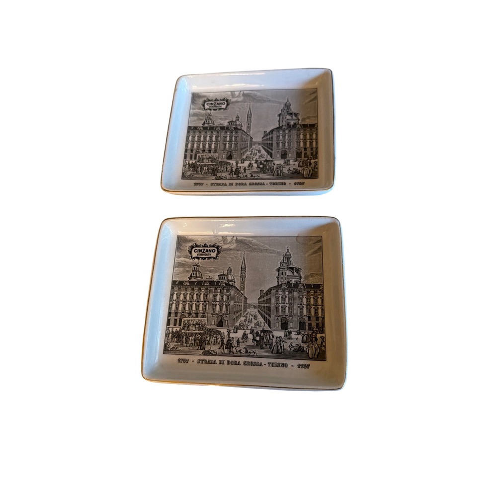 Piola Trinket Tray White Cinzano Vermouth Torino 1767 Italy Ceramic Set of‎ 2